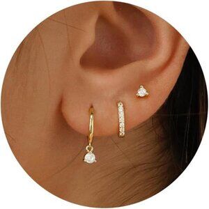 3-Pair Gold Hoop Earrings Set: Dainty 14K Gold Plated Studs & Huggie Hoops